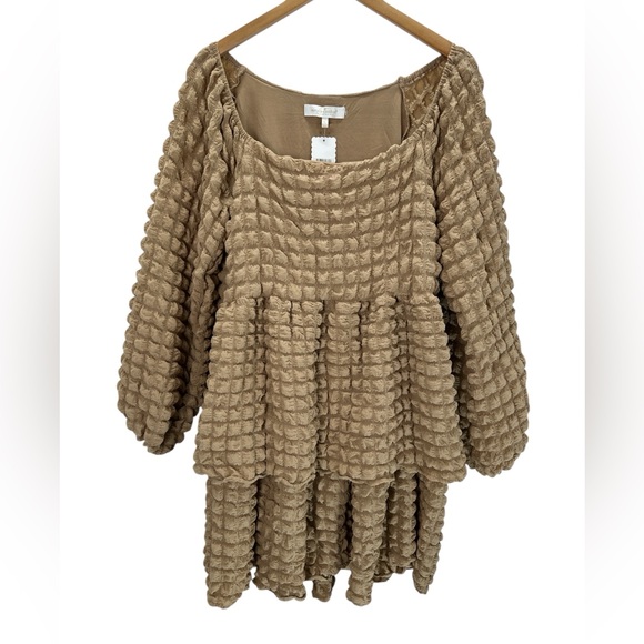 Simply Southern Textured Bubble Tiered Babydoll Mini Dress Long Sleeve Neutral L - Picture 1 of 11